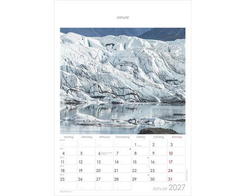 Kalenderblatt für Januar zweitausendsiebenundzwanzig mit einer Fotografie eines Gletschers und einer Berglandschaft.