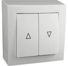 Weißer Aufputz-Rollladenschalter mit zwei Wippen und Pfeilsymbolen für Auf- und Abwärtssteuerung.
