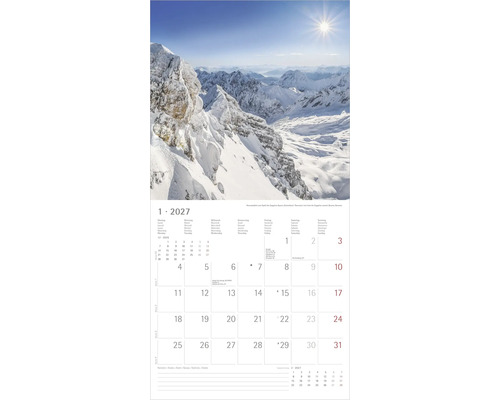 Wandkalender für Januar 2027 mit einem Panoramablick vom Gipfel der Zugspitze in Bayern.