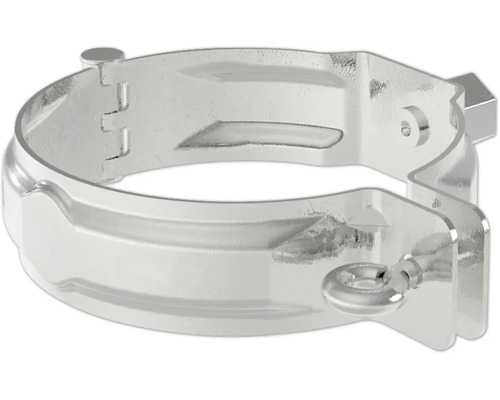 Rohrschelle aus Metall mit Scharnier und Ringschraube zur Befestigung von Rohren.