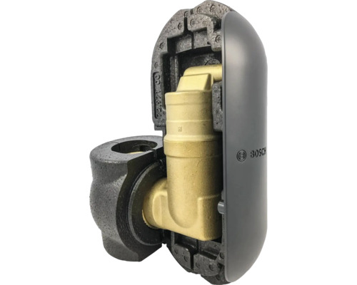 Messingfitting mit Schaumstoffisolierung und Kunststoffgehäuse mit Bosch Logo.