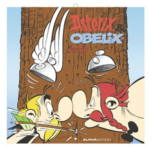 Wandkalender 2027 mit Asterix und Obelix Motiven, Alpha Edition Logo.