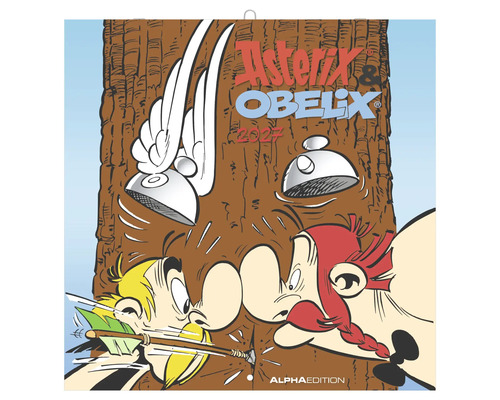 Wandkalender 2027 mit Asterix und Obelix Motiven, Alpha Edition Logo.