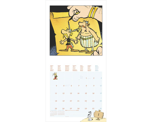 Asterix und Obelix Kalenderblatt für Januar 2027 mit Illustration der beiden Gallier auf einer Schriftrolle.