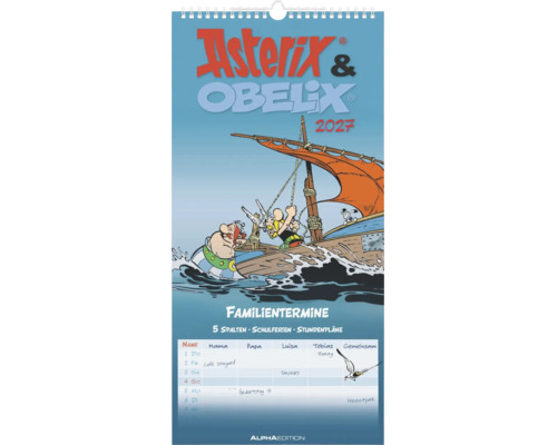 Asterix und Obelix Familienkalender zweitausendsiebenundzwanzig mit fünf Spalten, Schulferien und Stundenplänen von Alpha Edition.