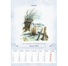 Kalenderblatt für Januar 2027 mit einer künstlerischen Illustration einer Winterlandschaft im Aquarellstil.