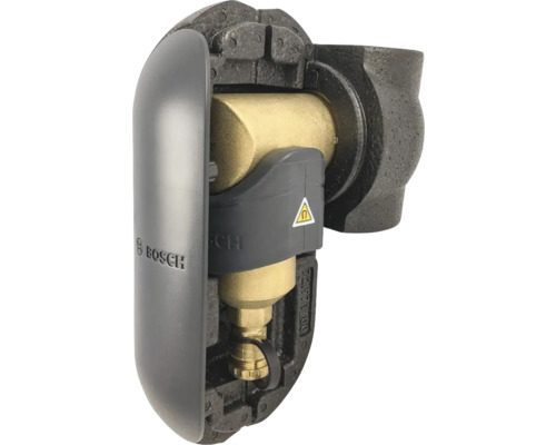 Bosch Messingarmatur in schwarzer Dämmschale mit grauer Abdeckung und Warnsymbol für Magnetfelder.