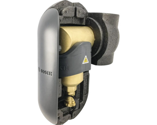 Bosch Schlammabscheider mit Magnet für Heizungssysteme, Messingarmatur in Isolierung mit Magnetwarnsymbol und Bosch Logo.