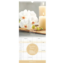 Familienplaner-Kalender 2027 mit Zen-Motiv, Orchideen und Kerzen. Enthält Spalten für mehrere Personen, Feiertage und Ferientermine. Alphaedition Logo.