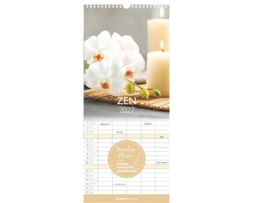 Familienplaner-Kalender 2027 mit Zen-Motiv, Orchideen und Kerzen. Enthält Spalten für mehrere Personen, Feiertage und Ferientermine. Alphaedition Logo.