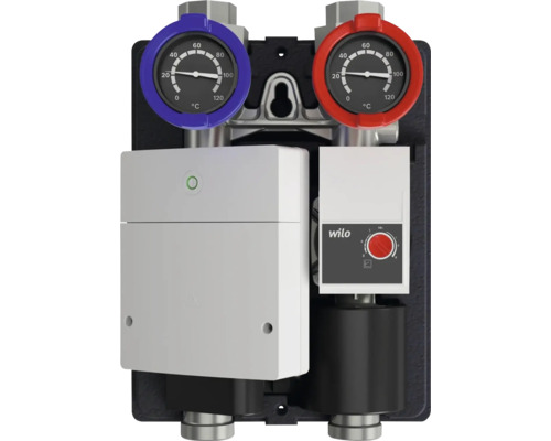 Wilo Pumpengruppe für Heizungsanlagen mit zwei Thermometern von 0 bis 120 Grad Celsius und Wilo Logo.