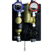 Bosch Pumpengruppe für Heizsysteme mit integrierter Grundfos Umwälzpumpe, zwei Thermometern und Messingarmaturen in schwarzer Isolierung.