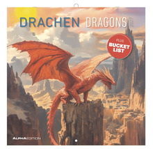 Wandkalender 2027 mit dem Titel Drachen Dragons und Alpha Edition Logo. Illustration eines Drachen in den Bergen mit Bucket List.