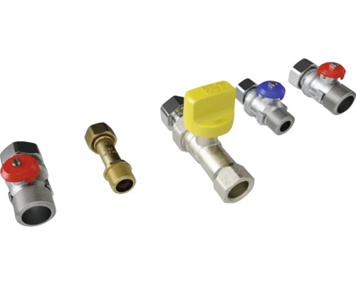 Sortiment an Kugelhähnen und Fittings aus Metall und Messing für Heizungs- und Sanitärinstallationen.