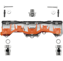 Wandhalterung Set für Wasserzähler aus Metall und Kunststoff inklusive Schrauben, Dübeln und Anschlüssen.