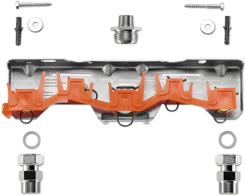 Wandhalterung Set für Wasserzähler aus Metall und Kunststoff inklusive Schrauben, Dübeln und Anschlüssen.