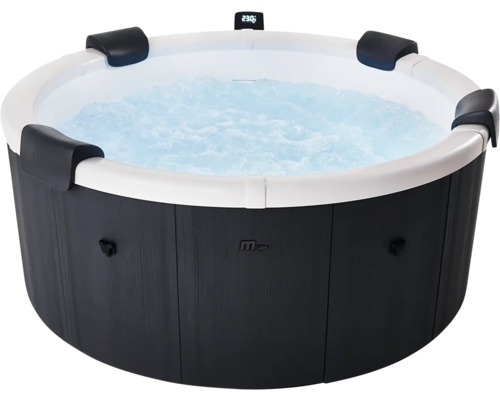 Rundes Whirlpool mit dunkler Außenverkleidung in Holzoptik, weißem Innenbecken, vier schwarzen Kopfstützen und sprudelndem Wasser. MSpa Logo.