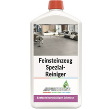 Alpinchemie Feinsteinzeug Spezial-Reiniger zur Entfernung von hartnäckigem Schmutz auf Fliesenböden, weisse Flasche mit Alpinchemie Logo.