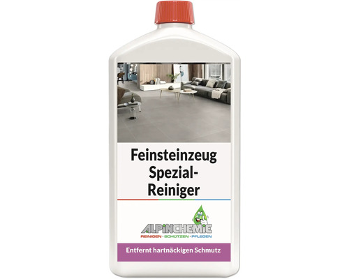 Alpinchemie Feinsteinzeug Spezial-Reiniger zur Entfernung von hartnäckigem Schmutz auf Fliesenböden, weisse Flasche mit Alpinchemie Logo.