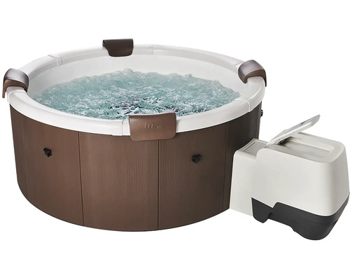 Runder Whirlpool in brauner Holzoptik mit vier Kopfstützen, externer Steuereinheit und sprudelndem Wasser.