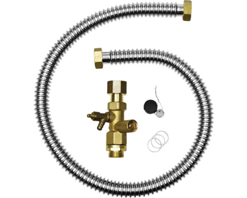 Gasschlauch-Set mit flexiblem Edelstahlwellschlauch, Messing-Anschlussarmatur, Dichtungsringen und Verschlusskappe.
