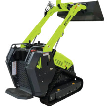Zipper Kompaktlader mit Kettenantrieb und Frontschaufel, Baumaschine für Erdarbeiten in Grün und Grau.