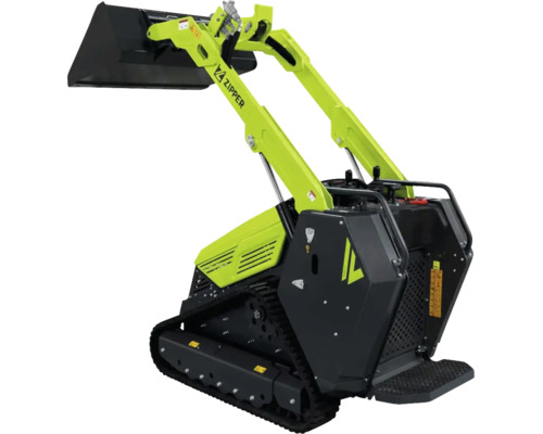Zipper Raupendumper mit Frontschaufel und Kettenfahrwerk.