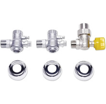 Anschluss-Set für Sanitärinstallationen bestehend aus drei Metallventilen, eines mit gelbem Griff, und drei verchromten Abdeckrosetten.