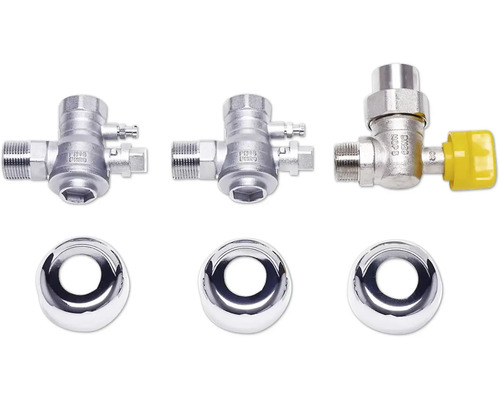 Anschluss-Set für Sanitärinstallationen bestehend aus drei Metallventilen, eines mit gelbem Griff, und drei verchromten Abdeckrosetten.