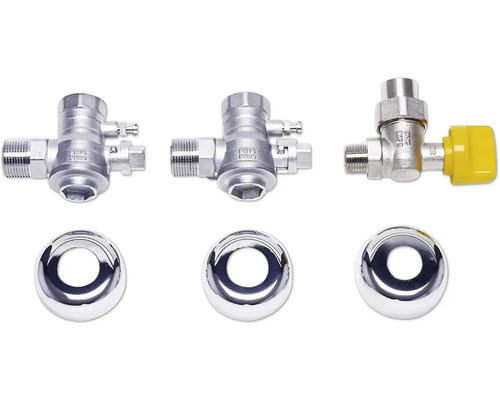 Set aus drei Metallventilen und drei Chromrosetten, ein Ventil mit gelbem Griff.