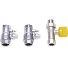 Drei silberfarbene Metallarmaturen für Rohrleitungen, bestehend aus zwei Absperrventilen und einem Ventil mit gelbem Griff.