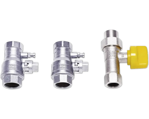Drei silberfarbene Metallarmaturen für Rohrleitungen, bestehend aus zwei Absperrventilen und einem Ventil mit gelbem Griff.