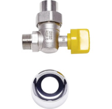 Gaskugelhahn DN20 MOP 5 aus Metall mit gelbem Griff und verchromter Rosette.