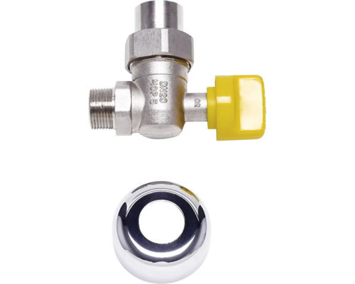 Gaskugelhahn DN20 MOP 5 aus Metall mit gelbem Griff und verchromter Rosette.