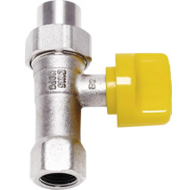 Gaskugelhahn aus verchromtem Metall mit gelbem Drehgriff, Nennweite 15 und maximaler Betriebsdruck 5 bar.