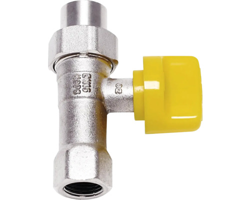 Gaskugelhahn aus verchromtem Metall mit gelbem Drehgriff, Nennweite 15 und maximaler Betriebsdruck 5 bar.