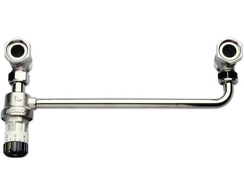 Heizkörper Anschlussarmatur mit Thermostatventil und waagerechtem Verbindungsrohr aus Metall