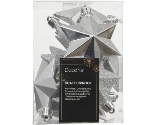 Decoris Weihnachtsbaumanhänger Sterne Silber, bruchfest, glänzend und mit Glitzer, Set in Box.