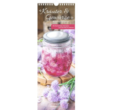 Wandkalender Kräuter und Gewürze Küchenplaner 2027 mit Rezepten und Küchentipps. Einmachglas mit Blüten auf der Titelseite. Alphaedition Logo.