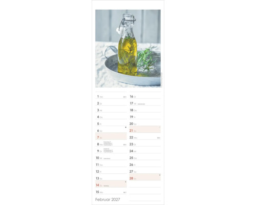 Kalenderblatt für Februar 2027 mit Küchenmotiv: Eine Glasflasche mit Öl und Rosmarinzweig auf einem Metalltablett.