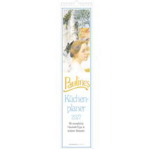 Paulines Küchenplaner zweitausendsiebenundzwanzig, Kalender mit monatlichen Haushaltstipps und Rezepten, Frau vor Birke, Alpha Edition Logo.
