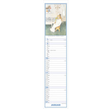 Schmaler Wandkalender für den Monat Januar mit einer Illustration von Carl Larsson, die ein Kind im Nachthemd zeigt.