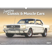 Kalender Legendary Classic und Muscle Cars zweitausendsiebenundzwanzig mit einem weißen Ford Mustang, Alpha Edition Logo