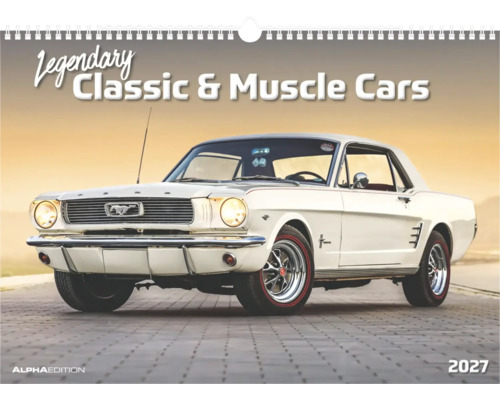 Kalender Legendary Classic und Muscle Cars zweitausendsiebenundzwanzig mit einem weißen Ford Mustang, Alpha Edition Logo
