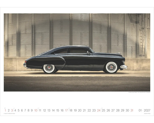 Wandkalender Blatt für Januar 2027 mit einem schwarzen Oldtimer vor einer Wand aus Wellblech.
