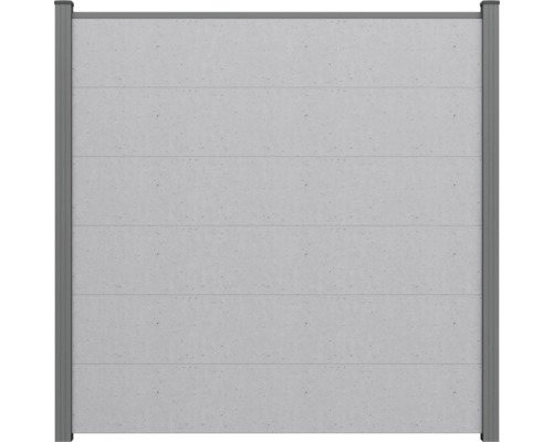 Sichtschutzzaun in Betonoptik mit horizontalen Paneelen und grauem Metallrahmen.