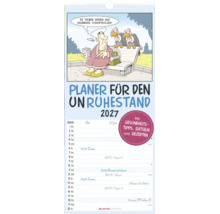 Wandkalender Planer für den Unruhestand 2027 mit Cartoon, Terminspalten für zwei Personen, Gesundheitstipps und Rätseln. Alpha Edition Logo.
