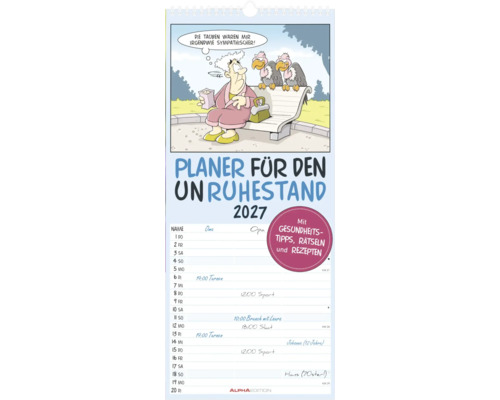 Wandkalender Planer für den Unruhestand 2027 mit Cartoon, Terminspalten für zwei Personen, Gesundheitstipps und Rätseln. Alpha Edition Logo.