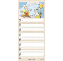 Kalenderblatt Januar 2027 mit einer Comic-Illustration eines älteren Paares an einem Geburtstagstisch und Zeilen für tägliche Notizen.