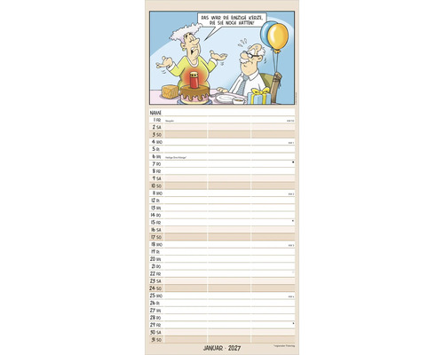 Kalenderblatt Januar 2027 mit einer Comic-Illustration eines älteren Paares an einem Geburtstagstisch und Zeilen für tägliche Notizen.
